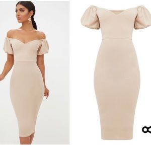 Nude Balloon Sleeve Bardot Midi Dress